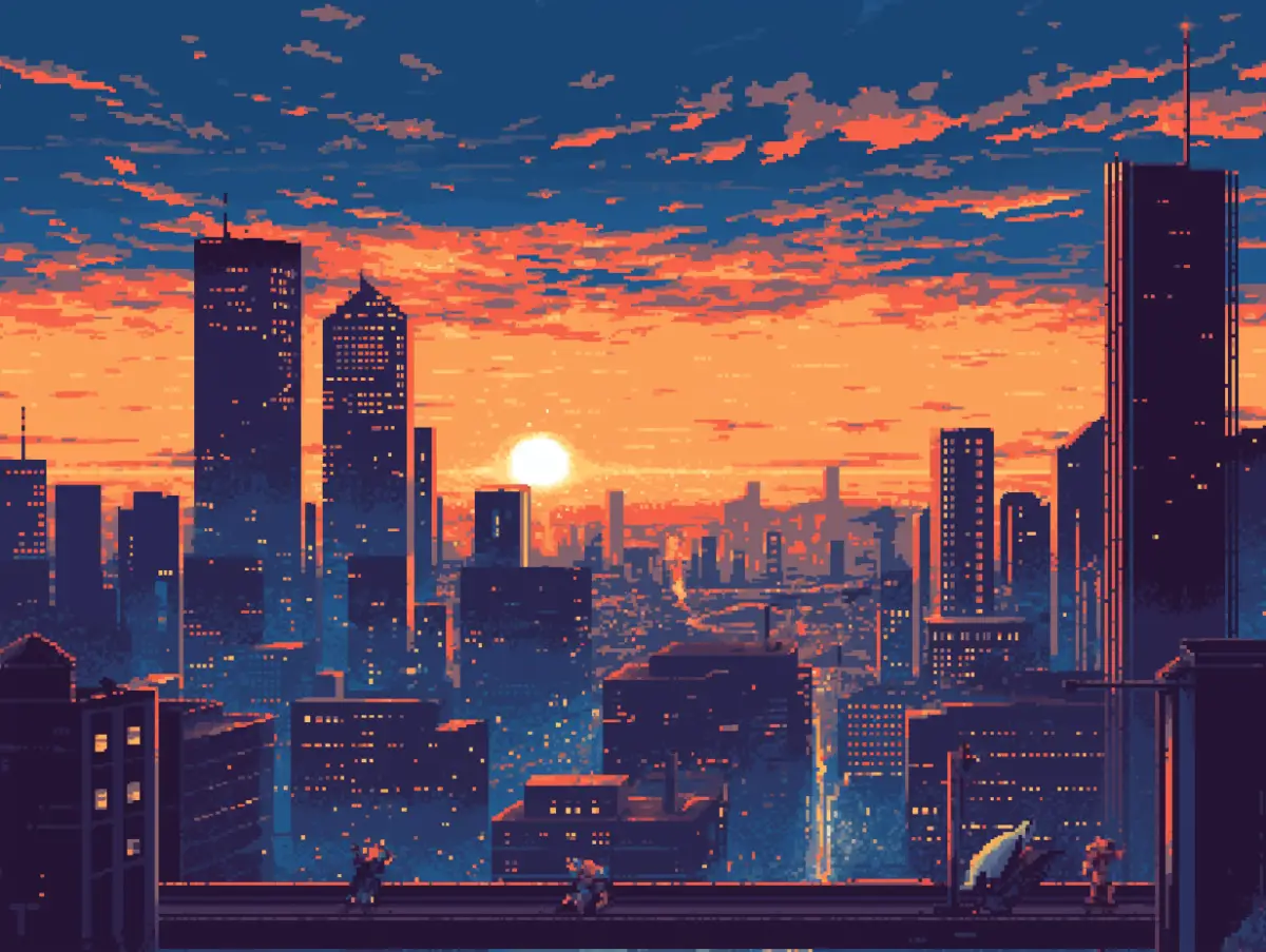 Pixelated cityscape at sunset with towering skyscrapers illuminated by the warm glow of the setting sun and a lone figure walking on a rooftop.